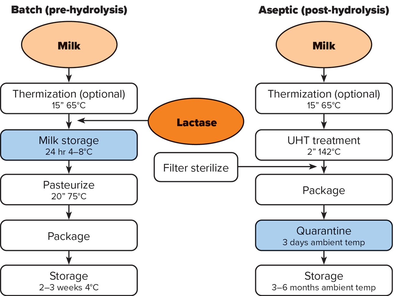 Figure 1. A schematic representation of the batch (left) and aseptic (right) processes that are used to produce lactose-free milk.